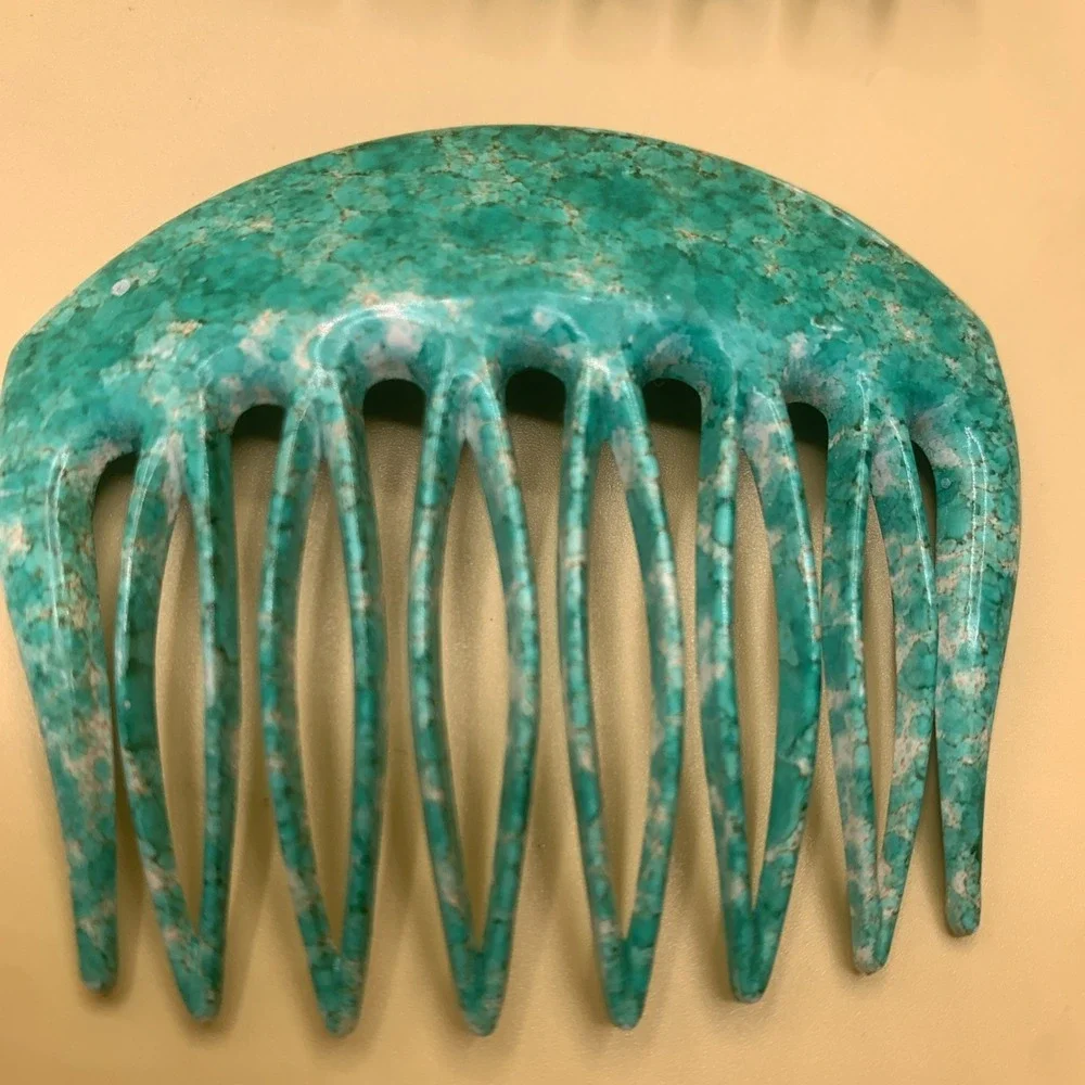 Vintage French Hair Comb Pair Teal  Marbled Multi Tone Style Made In France
